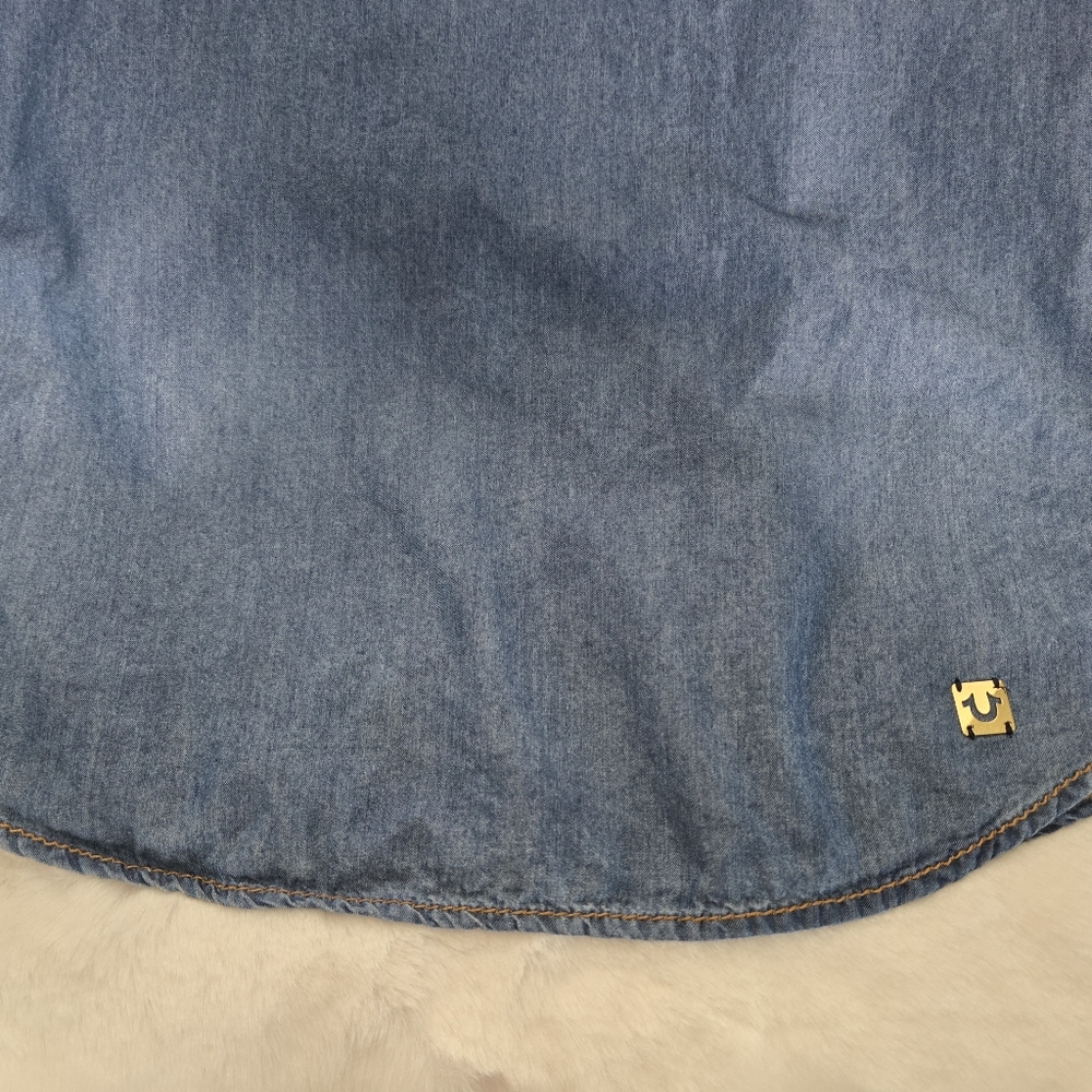True Religion Lace up Denim Chambray Dress in Fossil Silk Color size Small EUC - Picture 9 of 13